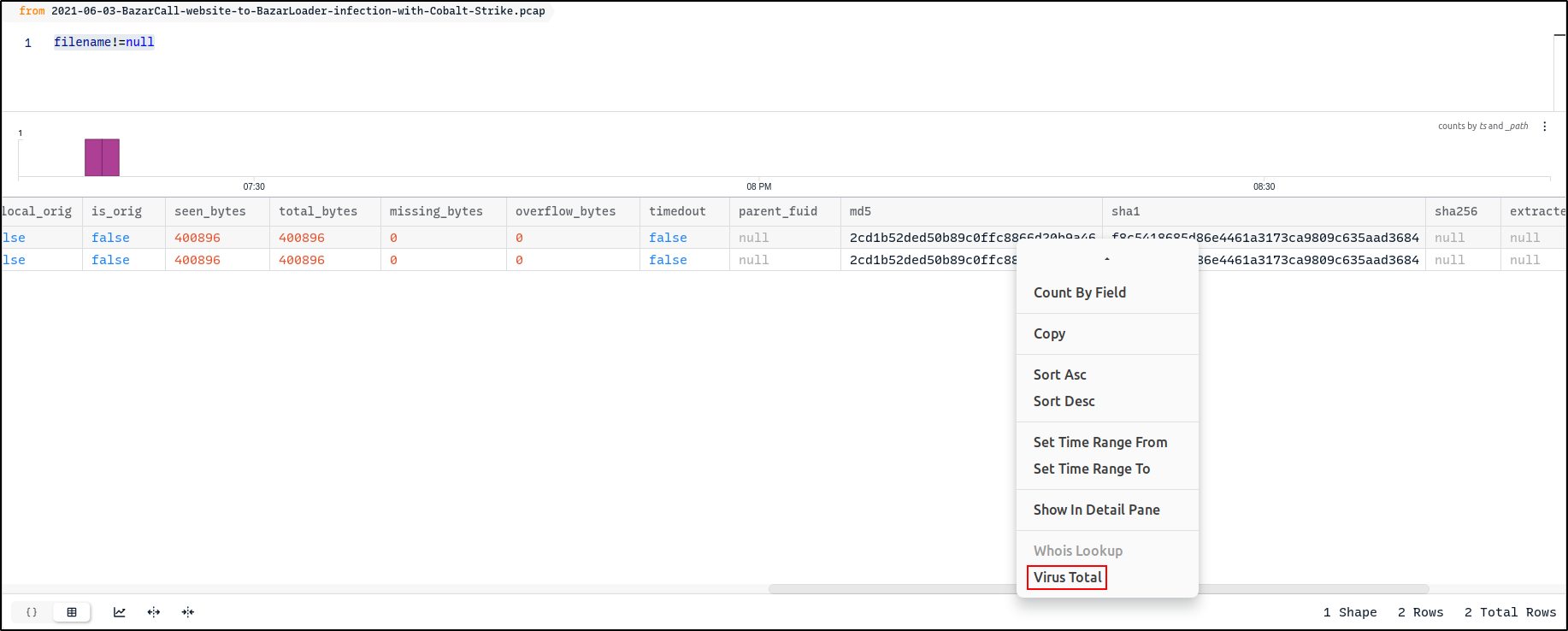 Selecting a DLL file record for hash inspection